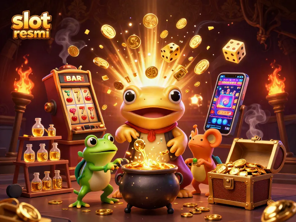 Spin and win at slot resmi with a vibrant, magical scene of slot machines and golden alchemy.