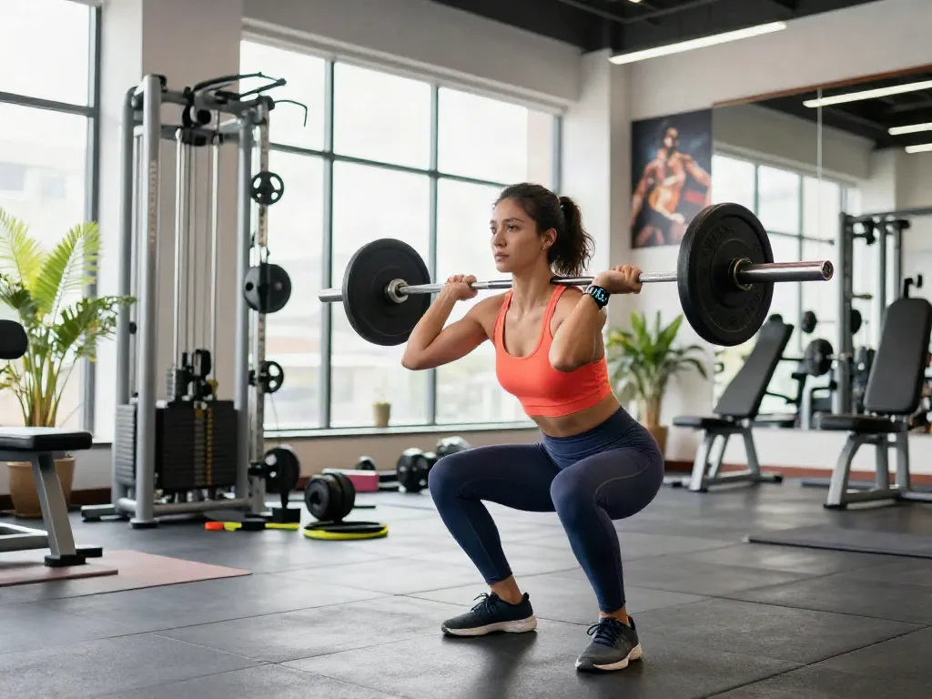 Athlete performing barbell squats in modern gym, symbolizing comprare steroidi muscoli in italia for muscle growth.