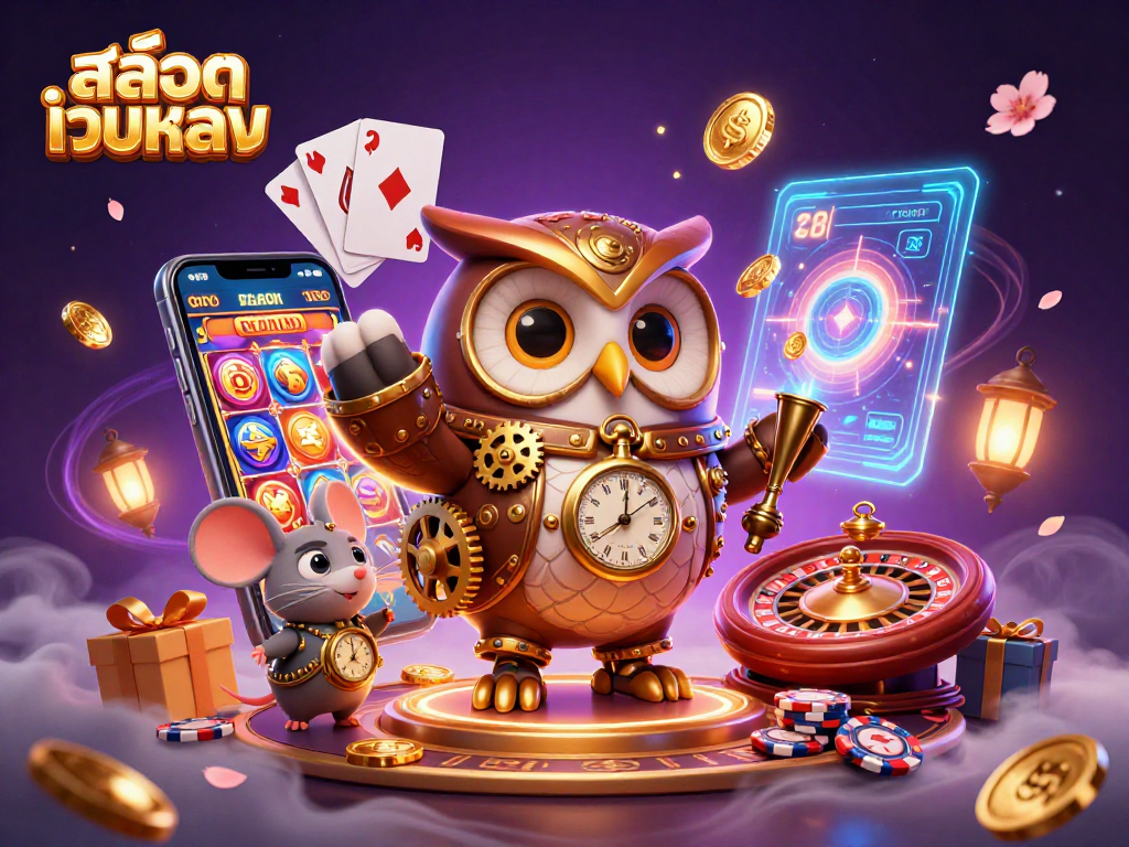 Experience exciting gameplay with สล็อตเว็บตรง as the cartoon time-traveler owl and clockwork mouse explore a vibrant casino world.