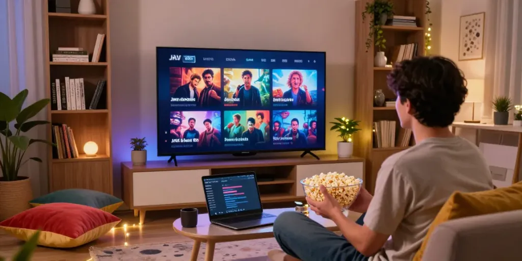 Enjoying JAV films with Indonesian subtitles in a cozy home setup