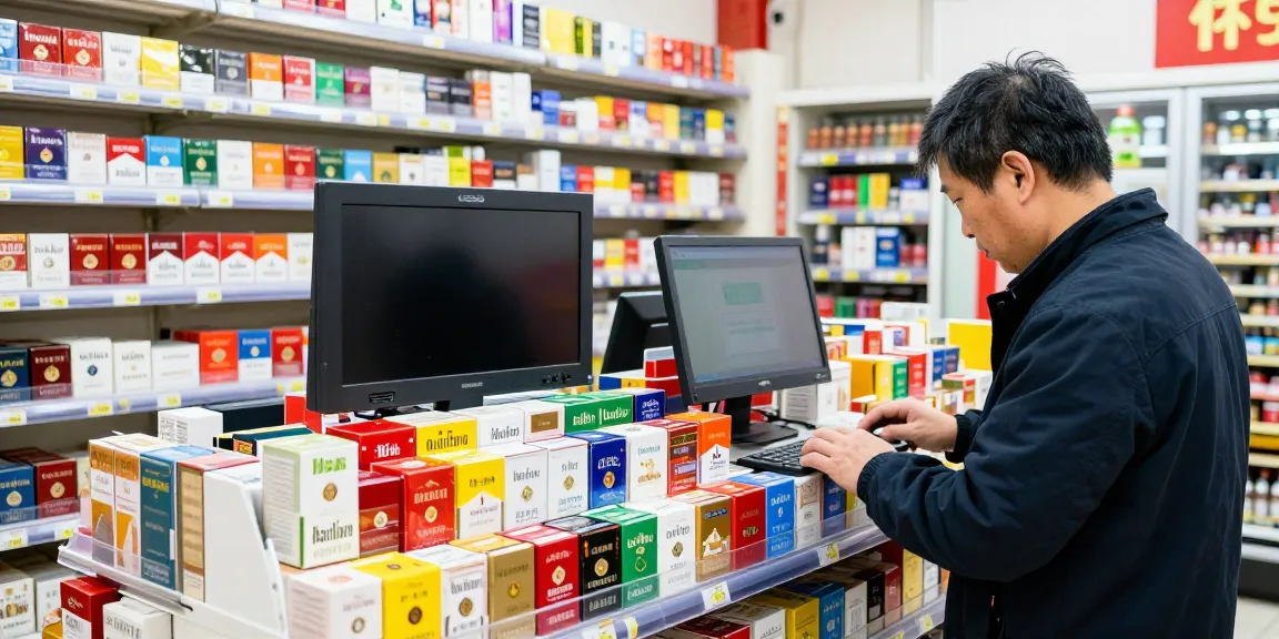 Shopper exploring cheap cigarettes online Australia at an urban convenience store with promotional displays.