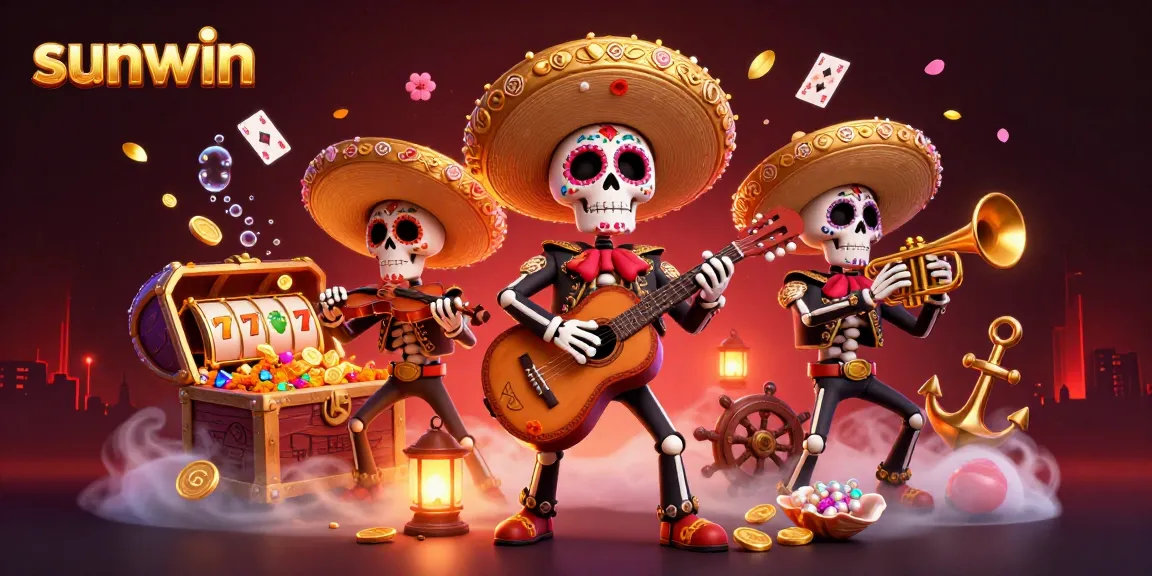 Experience the thrill of sunwin with a colorful, animated Dia de los Muertos mariachi band surrounded by slot elements.