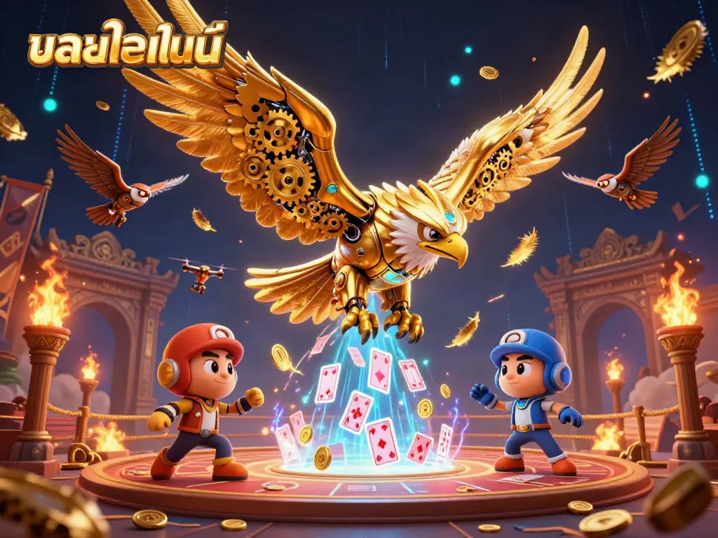 Engage in online football betting with a dynamic scene showcasing 3D characters featuring a cybernetic eagle and playing cards.