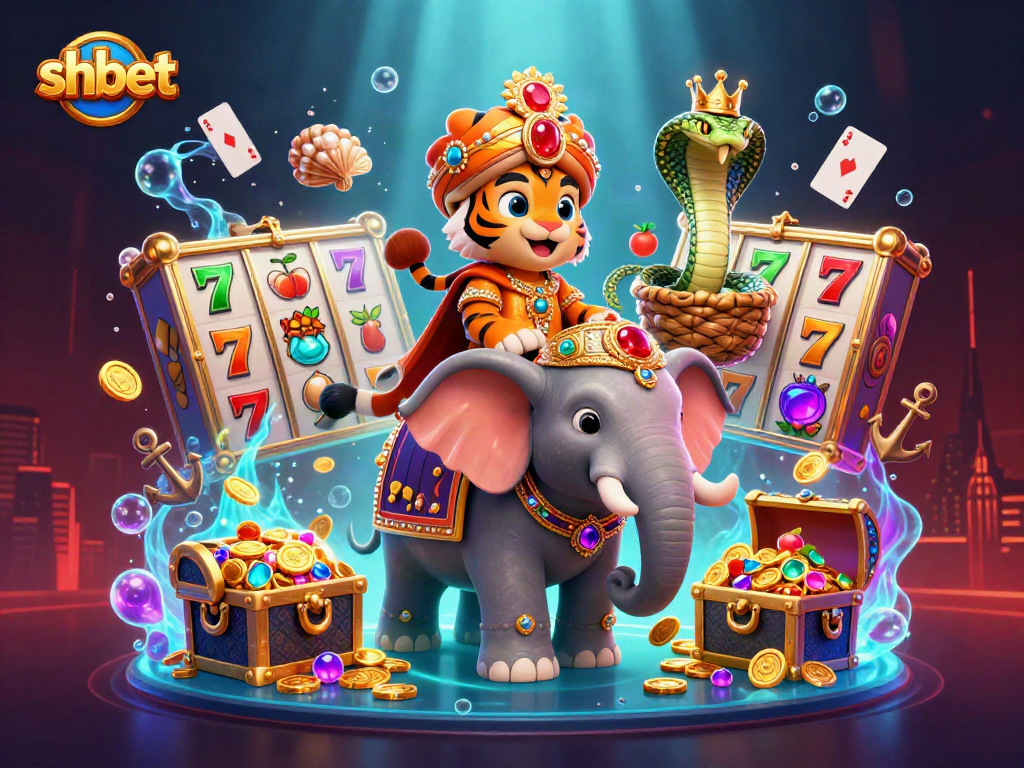 Experience shbet with an enchanting 3D scene of a regal elephant and maharaja, surrounded by dazzling casino elements.
