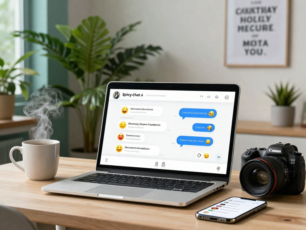 Engaged user interacting with spicy chat AI on a sleek laptop, vibrant workspace elements.