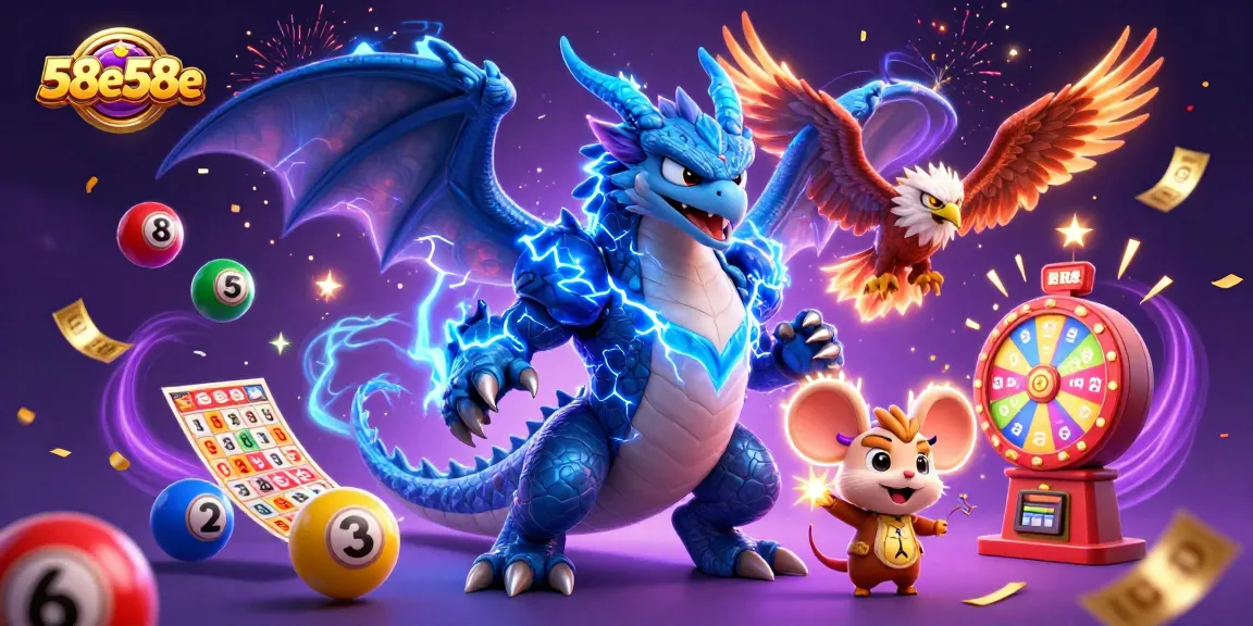 Engage in thrilling lottery excitement with colorful 58e58e lottery elements and energetic characters.