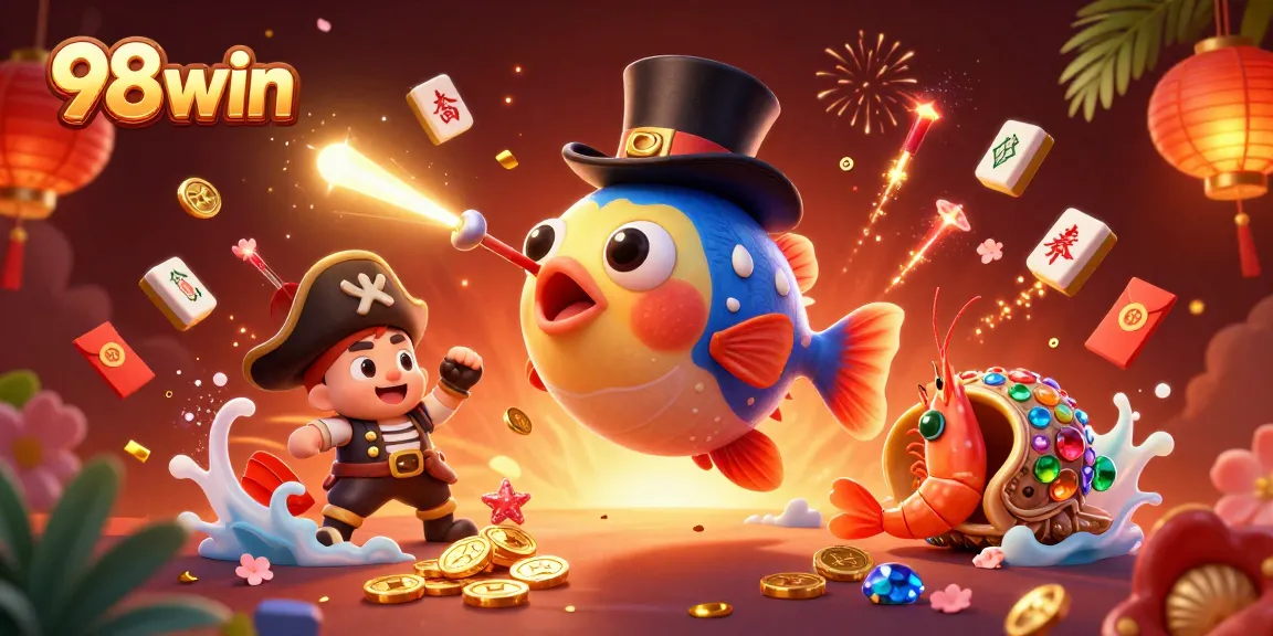 Win exciting rewards with 98win's vibrant 3D casino-themed illustration, showcasing characters in a treasure-filled scene.
