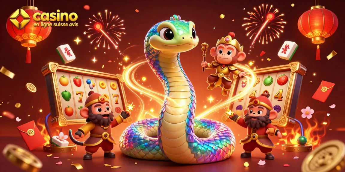 Illustration festive avec des symboles de casino, représentant l'avis sur casino en ligne suisse.