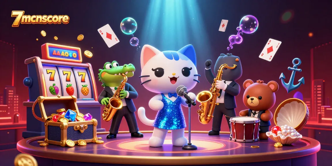 Unleash excitement with 7mcnscore's vibrant casino scene featuring a singing cat, sax croc, and bear drummer.