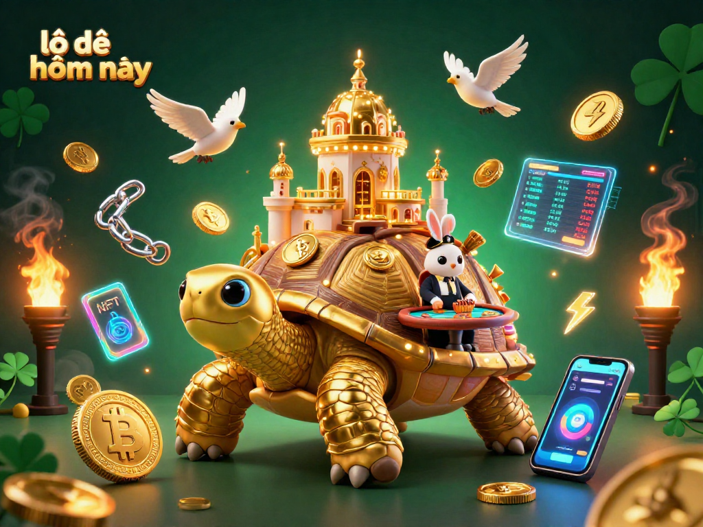Experience the thrill of lô đề hôm nay with a vibrant 3D casino scene filled with golden tortoises and vibrant winnings.