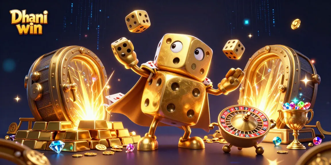 Play exciting games on Dhani win with vibrant gold and jewels in a dynamic casino scene.