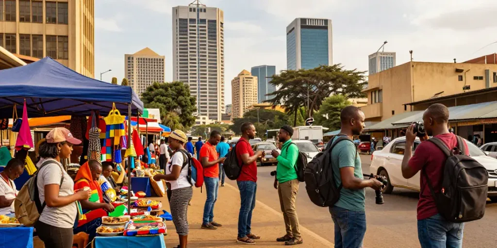 Travelers exploring tour companies in Nairobi CBD amidst vibrant city life.