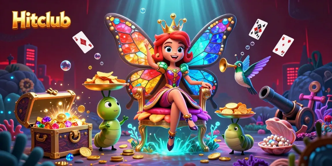 Experience winning strategies at Hitclub with a vibrant 3D casino illustration featuring a butterfly queen and dynamic game elements.