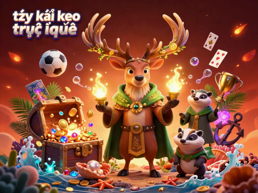 Engage in tỷ lệ kèo trực tuyến with vivid action: a Celtic stag, wise badger, and magical lights among sports betting elements.