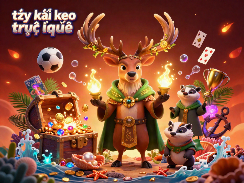 Engage in tỷ lệ kèo trực tuyến with vivid action: a Celtic stag, wise badger, and magical lights among sports betting elements.