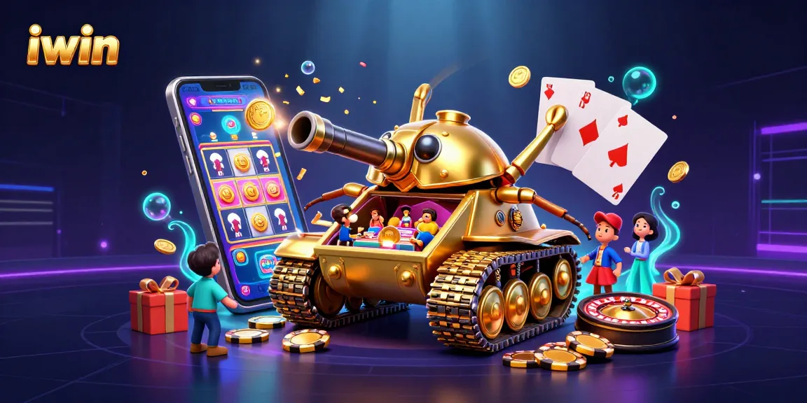 Engage with iwin's vibrant casino scene featuring a golden beetle tank and mobile slot games.