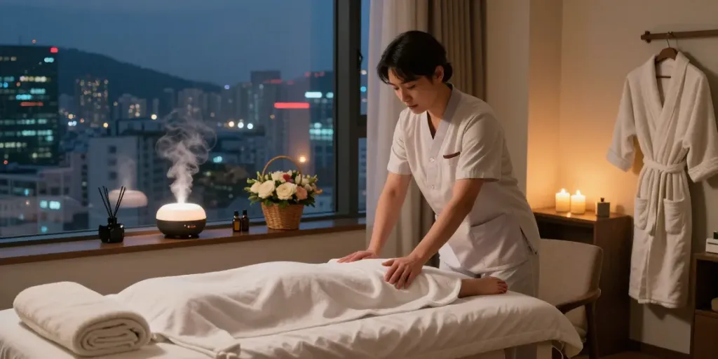 Enjoy a 서울출장마사지 experience in a serene hotel room setting with calming lights and essential oils.