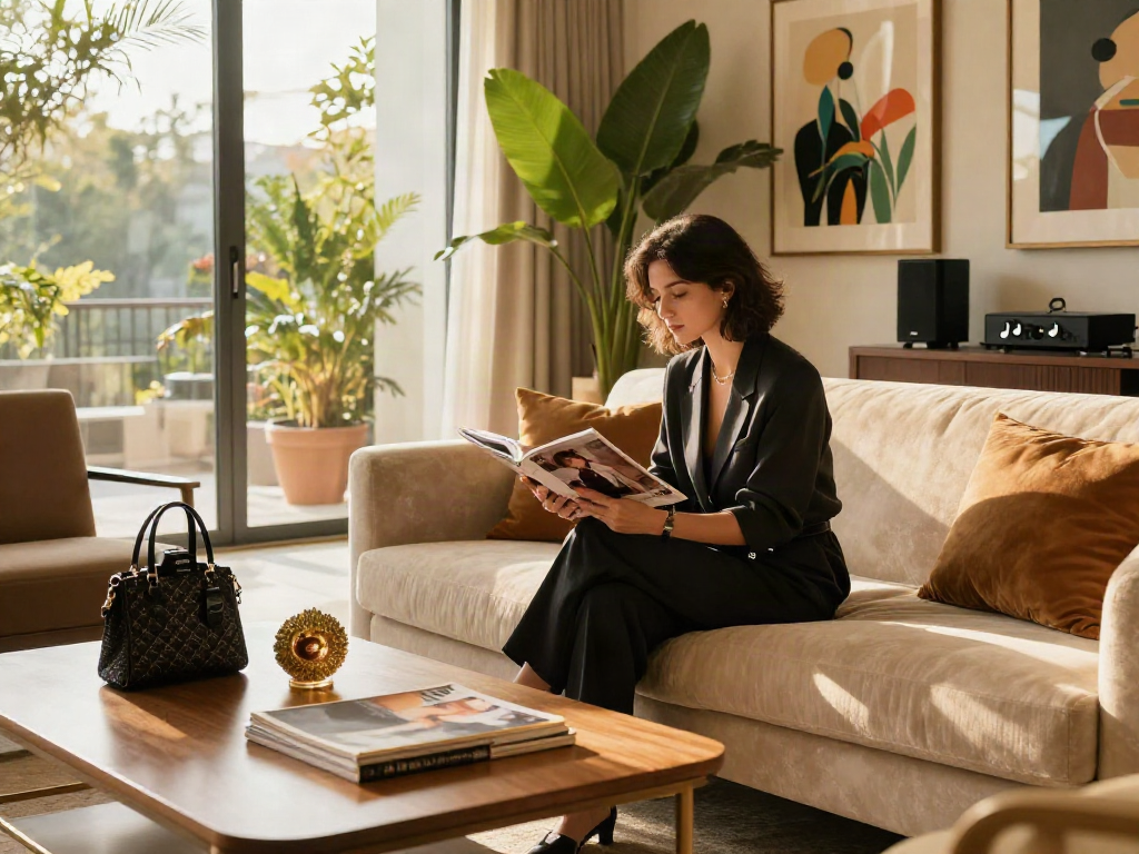 Gaya hidup mewah dengan fashion dan stylish luxury111 di ruang tamu yang elegan.