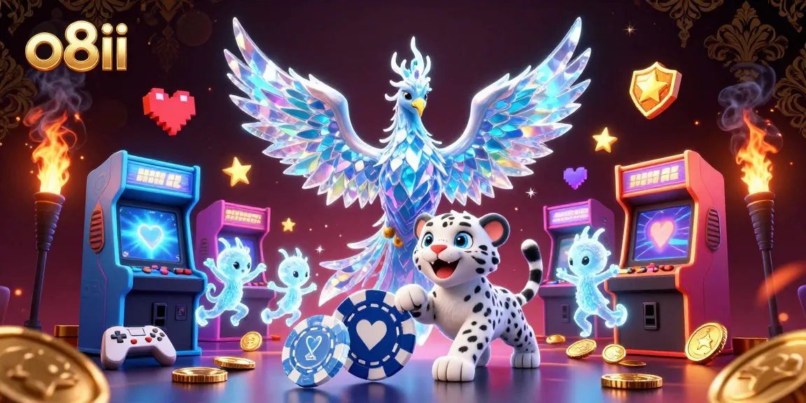 Engage with thrilling casino action at o8ii featuring a colorful cartoon phoenix and gaming elements.