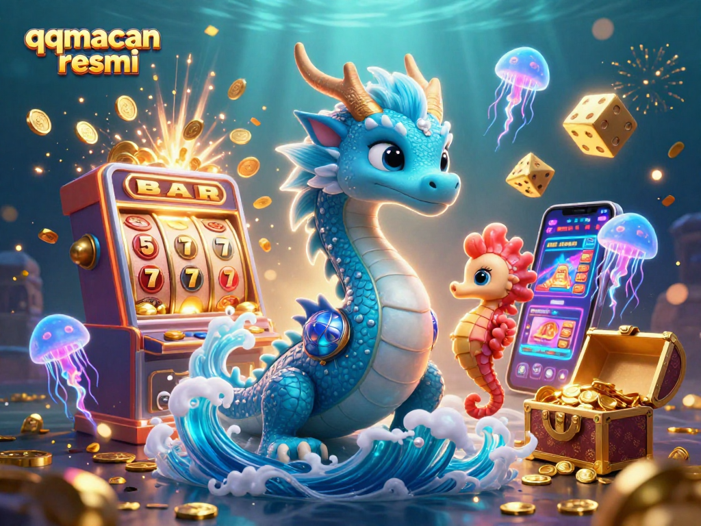 Engage in thrilling casino fun with qqmacan resmi, featuring vibrant fantasy creatures and jackpot symbols.