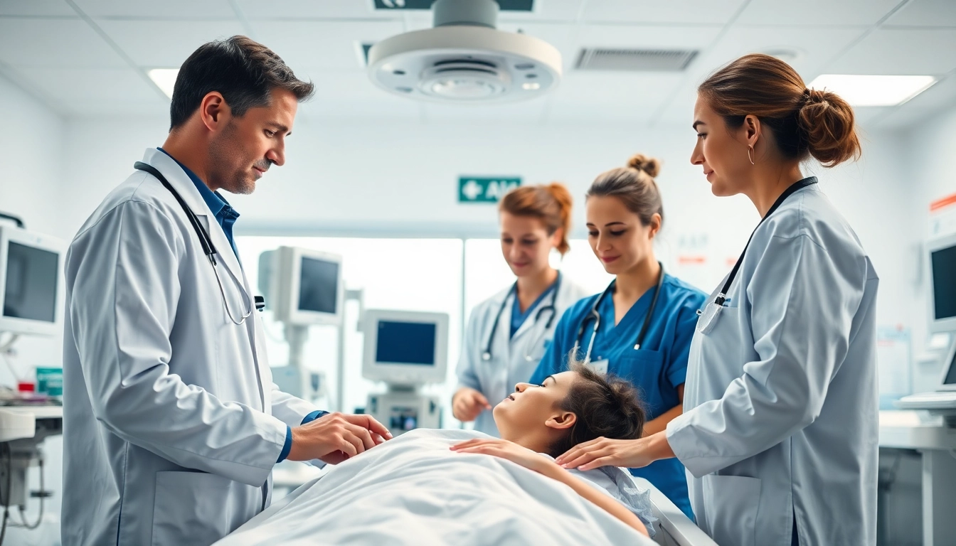 Healthcare providers delivering emergency hospital services in a modern facility.
