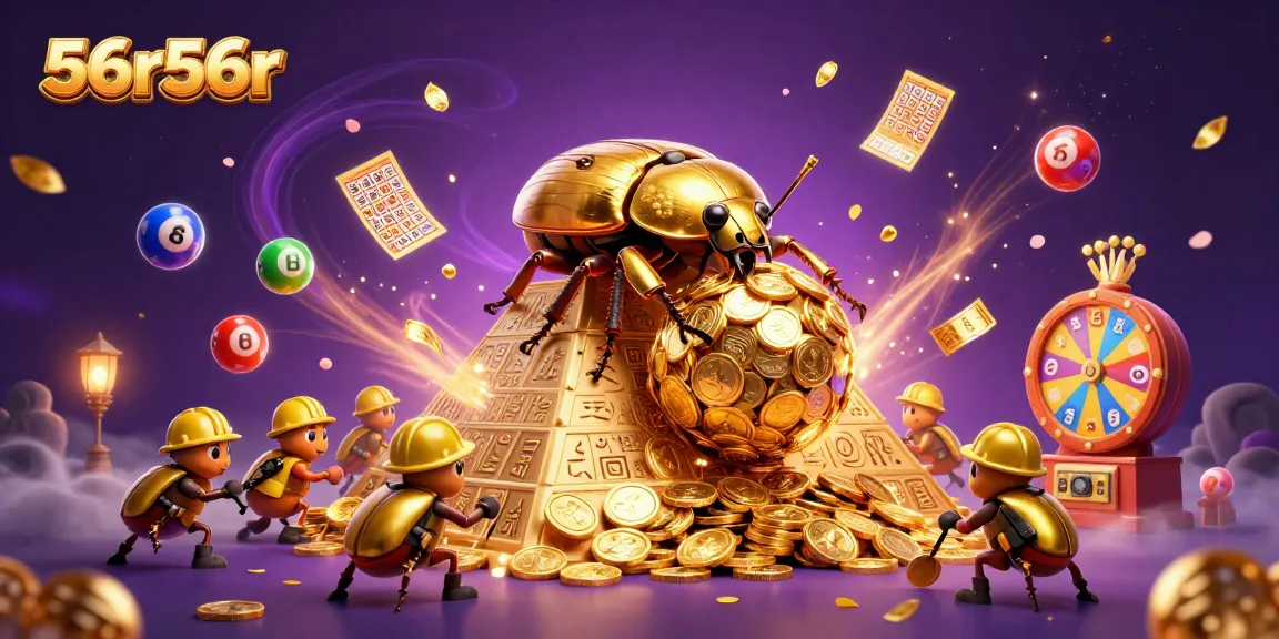 O 56r56r apresenta um besouro dourado rolando moedas em um visual vibrante de cassino.