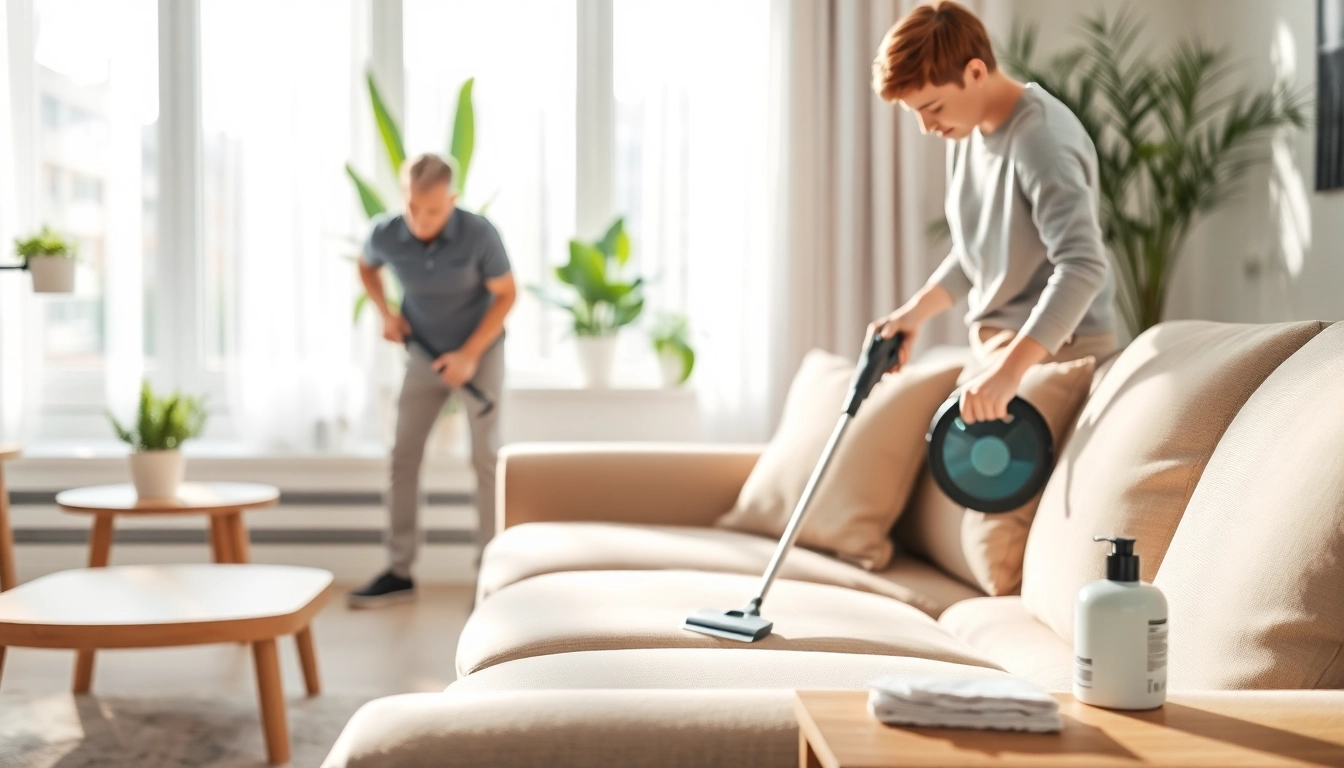 Upholstery cleaning lincoln ca service in a bright living room, highlighting a professional cleaner with steam cleaner.