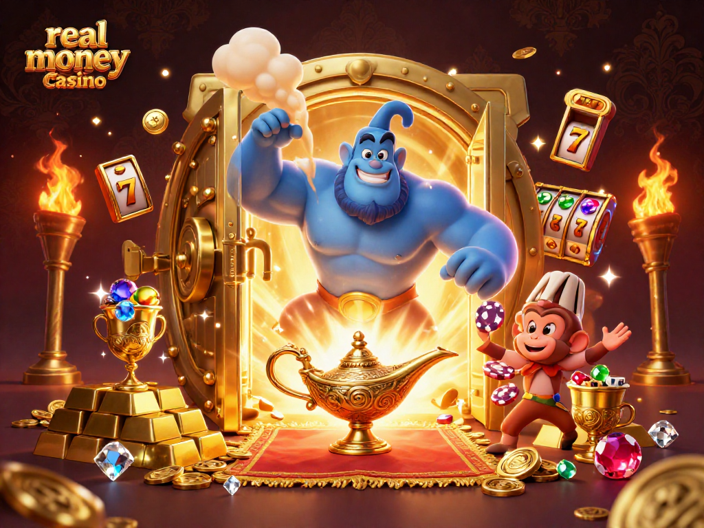 Engage with the vibrant real money casino scene showcasing a genie, monkey, and magic carpet filled with riches.