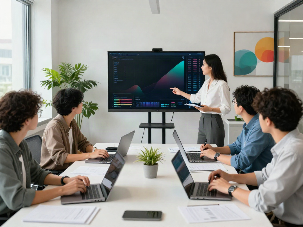Business professionals collaborating and discussing bpinetempresas financial strategies in a modern office.