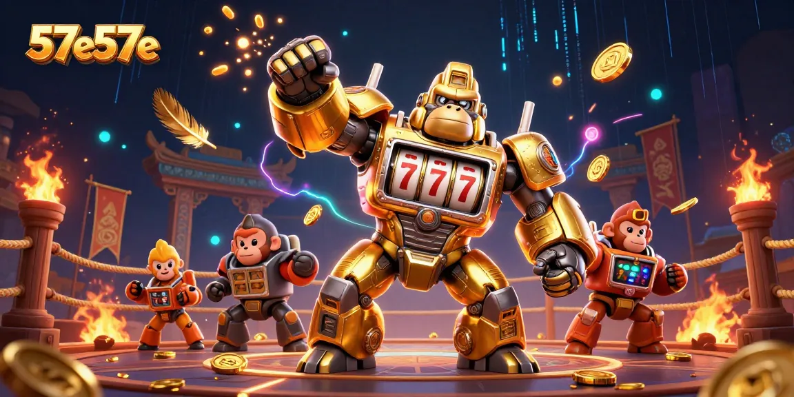 Experience the excitement at 57e57e with vibrant 3D casino illustration showcasing a golden gorilla mech.