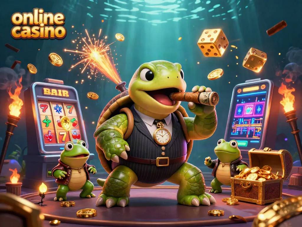 Juega en el casino online con una tortuga de dibujos animados en un traje de gánster, rodeada de símbolos de jackpot.