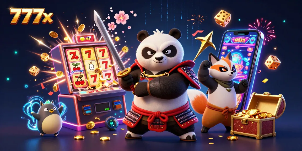 Experience the excitement of 777x with a spirited samurai panda and magical elements in this vibrant casino scene.