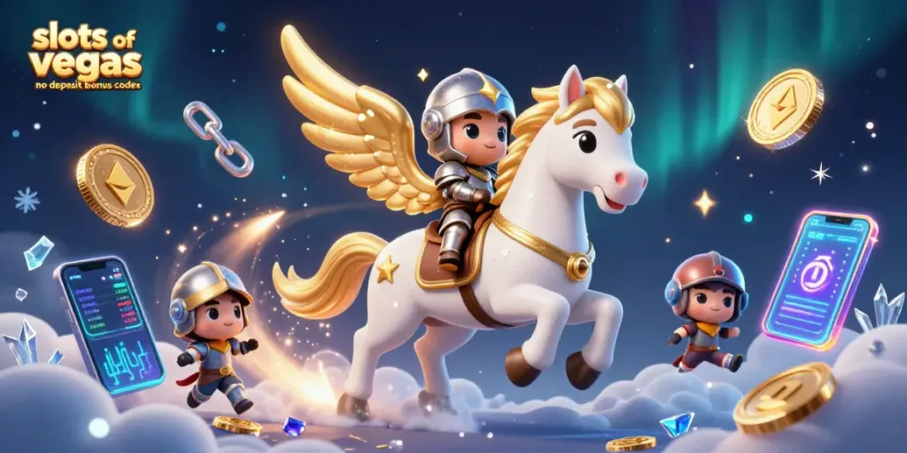 Spin on slots of vegas no deposit bonus codes with a dazzling horse and knight amidst crypto elements.