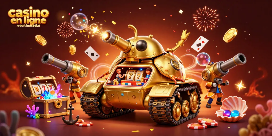 Casino en ligne retrait immédiat avec une scène ludique de tank doré contenant un casino miniature.