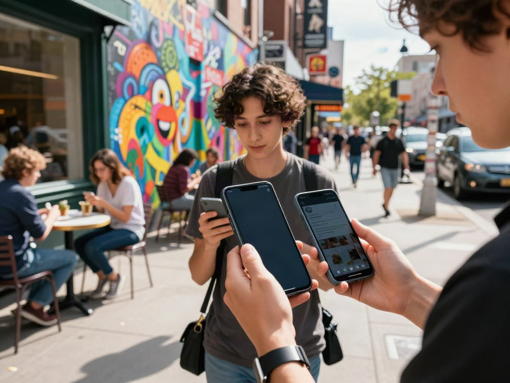 View of a person using Insanony to explore Instagram stories in a vibrant urban setting.