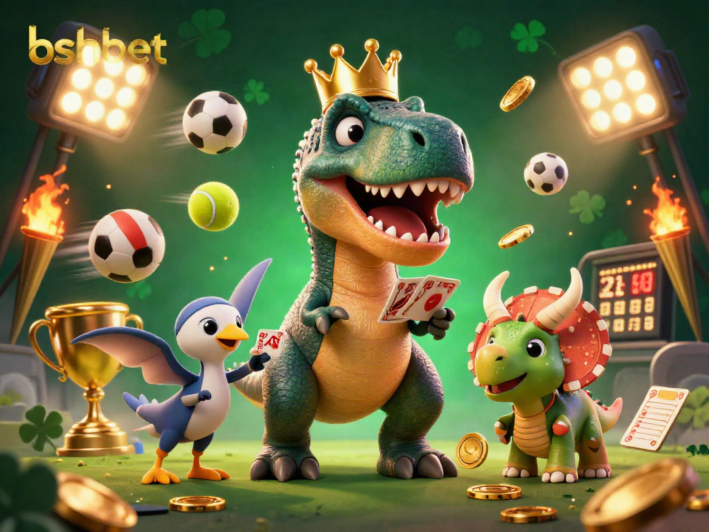 bshbet showcases a vivid scene with a T-Rex learning card tricks while a triceratops stacks golden chips, embodying lively sports betting.
