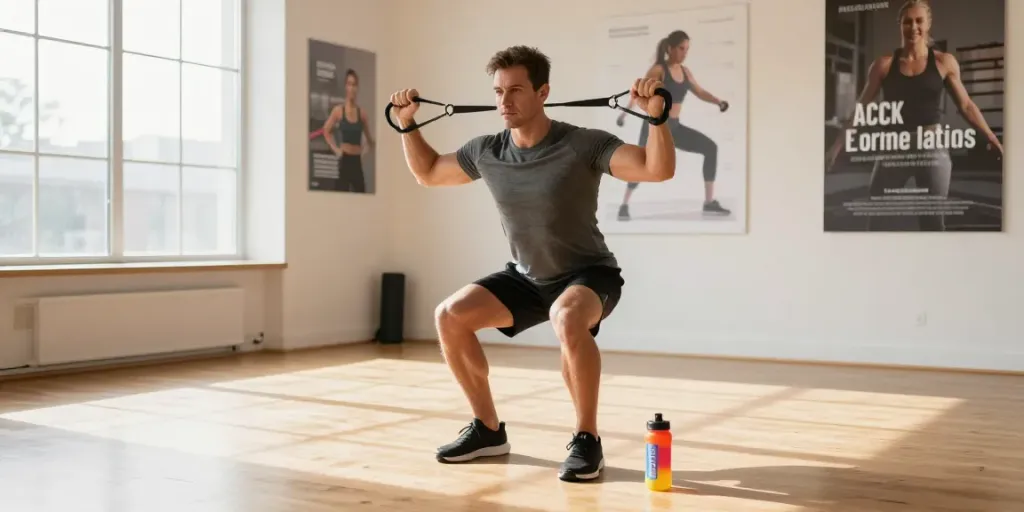 Man exercising with Spartamax gummies nearby in a bright wellness studio.