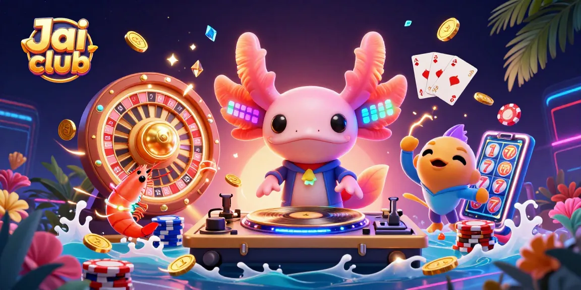 User engaging with Jai club gaming, celebrating wins with colorful slot reels and dynamic casino elements.