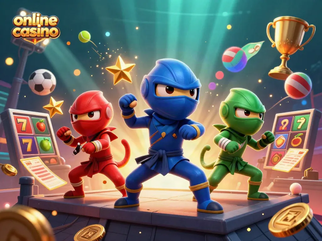 Experience the excitement of an online casino with our vibrant 3D scene featuring playful ninja chameleons.