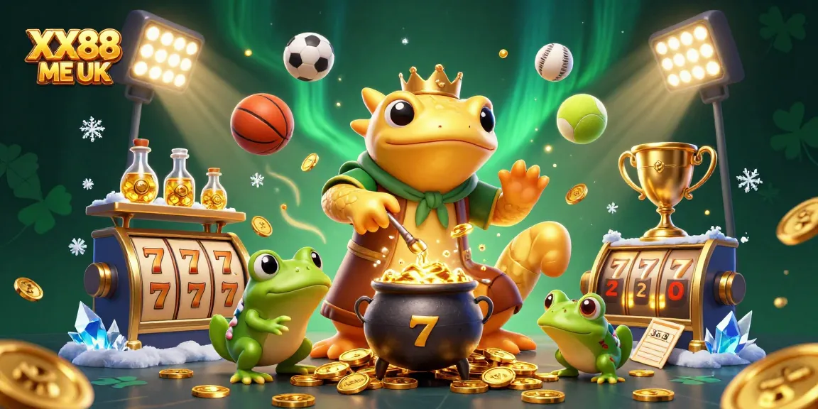 Experience the thrill of gaming with XX88 ME UK's vibrant casino adventure illustration, featuring golden symbols and dynamic sports elements.