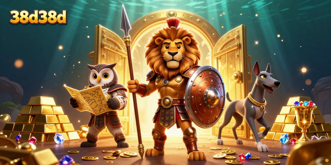Experience excitement with 38d38d, showcasing epic characters in a vibrant casino treasure scene.