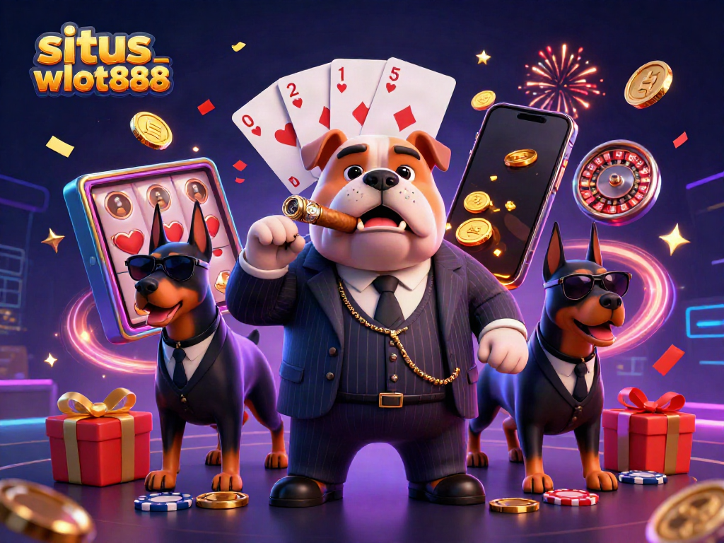 Perayaan penjudi dengan situs wslot888, menampilkan karakter kartun mafia, permainan slot, dan koin emas.