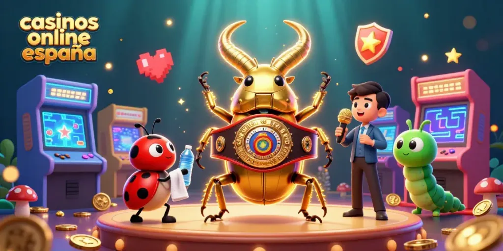Ilustración 3D de un escarabajo dorado enfrentándose en un casino online España lleno de emoción.