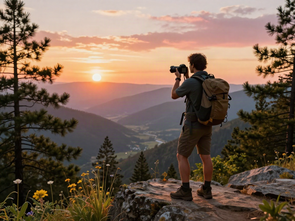 Traveler at a scenic viewpoint during golden hour capturing stunning views, Poshuk.info travel adventures.