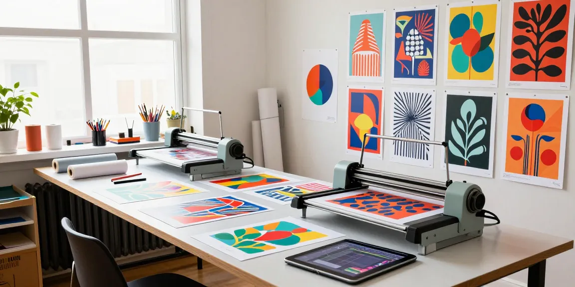Designer utilizing poster making machines in a vibrant, creative studio filled with colorful art supplies.
