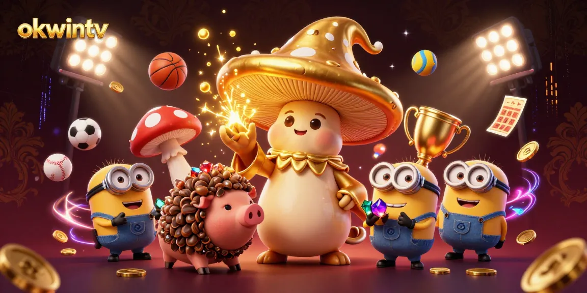 Engage with okwintv, a vibrant 3D scene featuring magical characters and dynamic sports elements in an online casino setting.