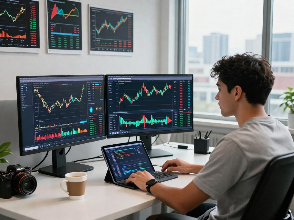 使用TradingView分析加密货币行情图表的交易员，身处现代化办公室，展示实时市场数据和技术指标。