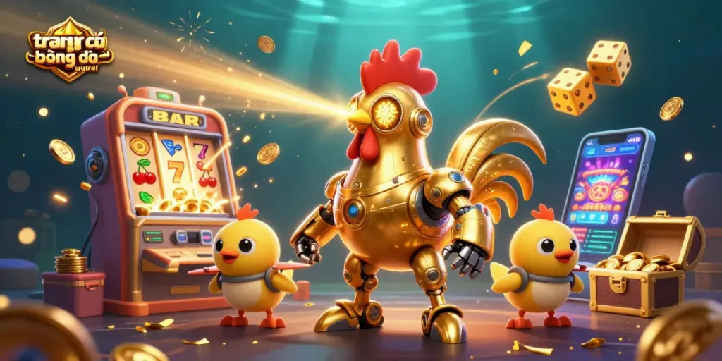 Khám phá trang cá cược bóng đá uy tín với robot gà vàng 3D và trò chơi sôi động.