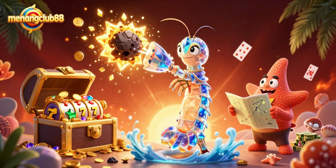 Experience big wins with menangclub88 in this vibrant 3D casino scene of treasure and excitement.