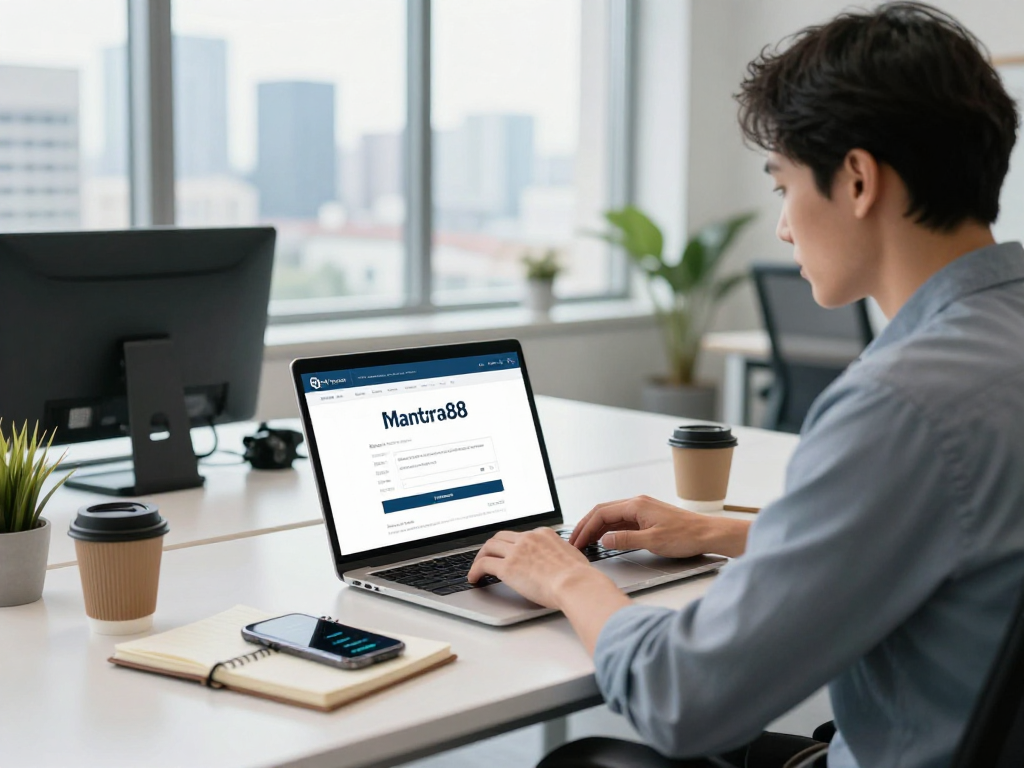 Accessing mantra88 login on a laptop in a modern office with city views, showcasing productivity and a professional atmosphere.